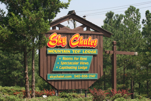 Sky Chalet Mountain Lodge sign at our entrance off of Route 263 in Basye, VA